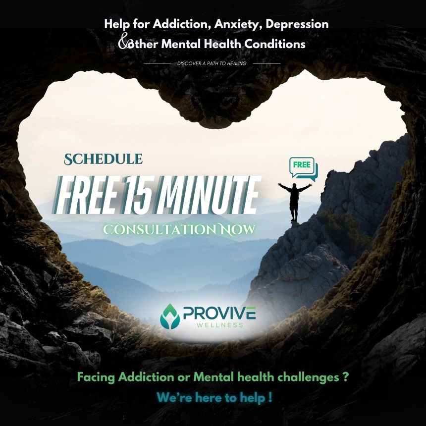 A heart-shaped cave frames a mountainous landscape. Text offers a free 15-minute consultation for depression treatment in Nashville TN and mental health help from Provive Wellness, with a silhouette of a person celebrating on a mountain.