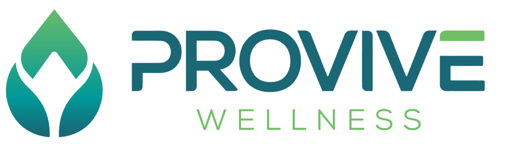 Logo for Provive Wellness featuring a stylized green and blue leaf design on the left, with "PROVIVE" in bold teal letters and "WELLNESS" in light green caps beneath—symbolizing hope for those seeking depression therapy in Nashville TN.