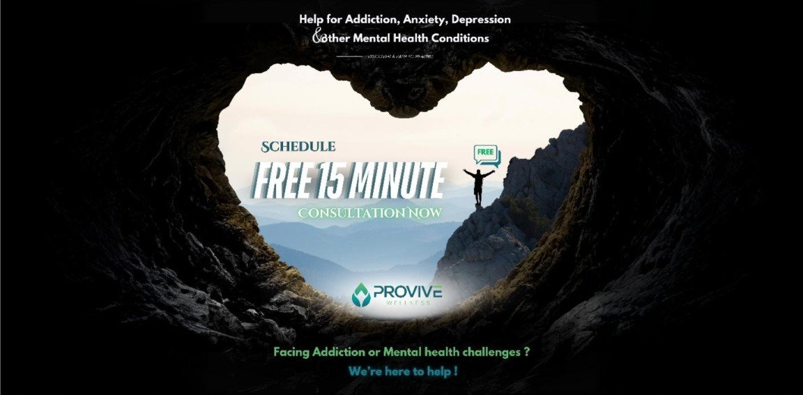 A silhouette of a person with arms raised stands on a mountain, framed by heart-shaped rocks. Text offers a free 15-minute mental health consultation from Provive Wellness, an addiction center in Nashville TN, for help with addiction and mental health challenges.