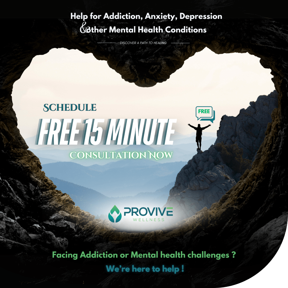 A heart-shaped cave opening frames a person with raised arms standing on a mountain. Text offers a free 15-minute consultation for addiction or behavioral health in Nashville TN from Provive Wellness.