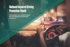 A person drives at night holding a bottle, with text promoting National Impaired Driving Prevention Month and encouraging commitment to safety, saying no to impaired driving, and raising awareness about behavioral health in Nashville TN.