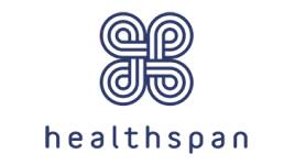 A stylized, symmetrical geometric logo in dark blue appears above the word “healthspan” in lowercase blue letters, representing an addiction center in Nashville TN, on a white background.
