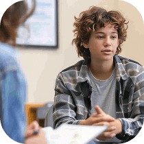 A teenage boy with curly hair and a plaid shirt sits and talks to an adult, who is partially visible in the foreground, in what appears to be a counseling or therapy session.