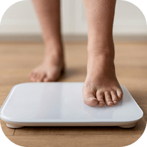 A close-up of a child’s bare feet stepping onto a white digital bathroom scale on a wooden floor.