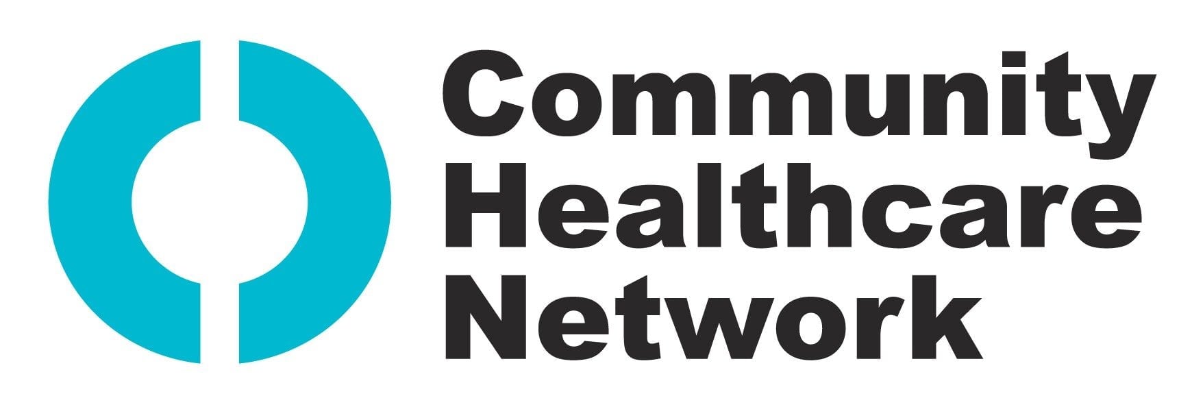 Community Healthcare Network logo featuring a turquoise circular symbol with two vertical gaps, next to black bold text reading "Community Healthcare Network" on a white background.