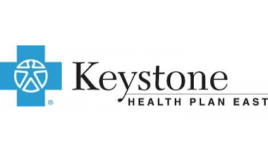 The image shows the Keystone Health Plan East logo, featuring a blue cross with a circular design on the left and the company name in black text on the right.