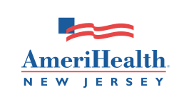 AmeriHealth New Jersey logo with a blue square and red wavy lines above the blue text "AmeriHealth" and "NEW JERSEY" written below in smaller blue letters.