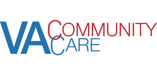 Logo with the large blue letters "VA" on the left, and the words "Community Care" in red and blue on the right, with "Community" above and "Care" below, overlapping the "A" in "VA.