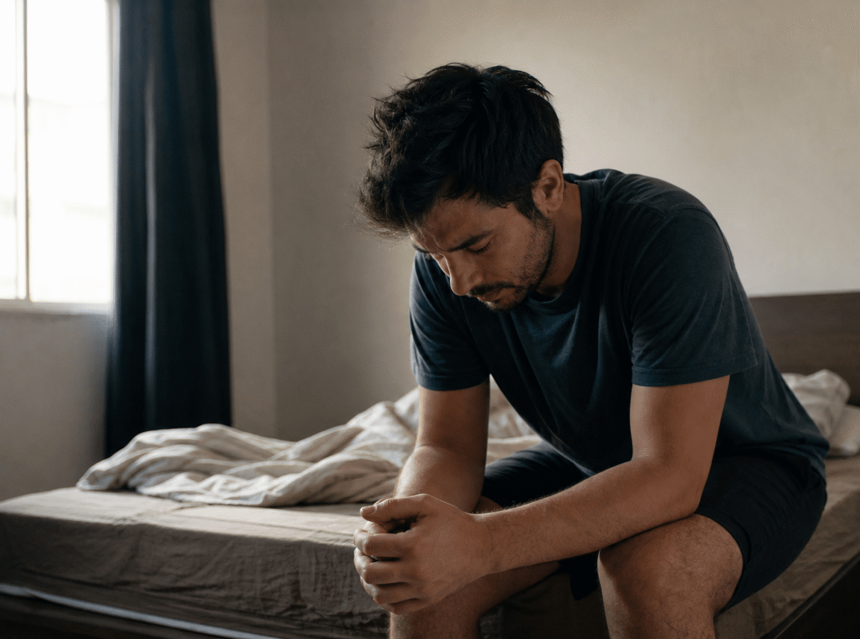 Man sitting alone on the edge of a bed experiencing kratom cold turkey withdrawal discomfort in Nashville Tennessee