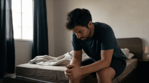 Man sitting alone on the edge of a bed experiencing kratom cold turkey withdrawal discomfort in Nashville Tennessee