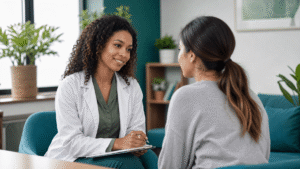 Compassionate counselor speaking with a patient about kratom withdrawal treatment options in Nashville Tennessee
