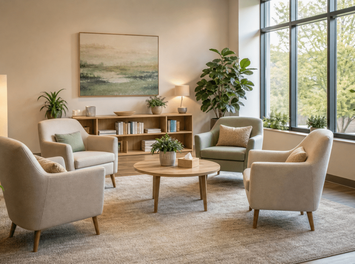 calm modern therapy room with natural light representing PHP and IOP outpatient mental health treatment