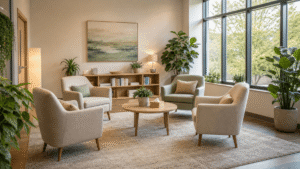 calm modern therapy room with natural light representing PHP and IOP outpatient mental health treatment