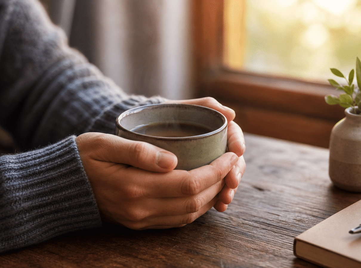 hands holding warm cup of tea near window reflecting on Tennessee kratom regulations and recovery
