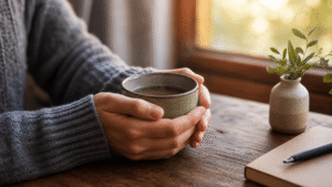 hands holding warm cup of tea near window reflecting on Tennessee kratom regulations and recovery