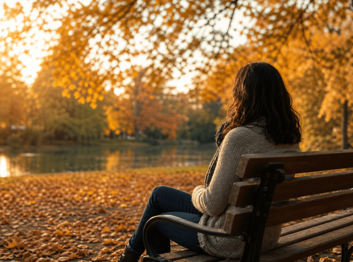 person sitting on park bench in autumn light representing reflection and healing from co-occurring anxiety and addiction