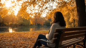person sitting on park bench in autumn light representing reflection and healing from co-occurring anxiety and addiction