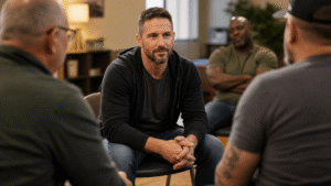 Veteran attending group mental health therapy session in Nashville Tennessee outpatient treatment center