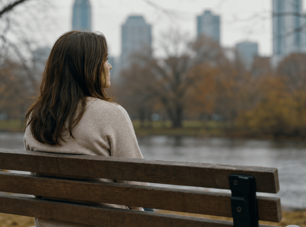 person sitting alone on a park bench looking into the distance representing the emotional weight of PTSD post-traumatic stress disorder