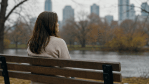 person sitting alone on a park bench looking into the distance representing the emotional weight of PTSD post-traumatic stress disorder