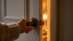 hand reaching to open a door with warm light — taking the first step to IOP treatment while still using substances