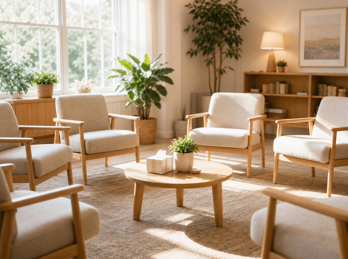 welcoming group therapy room with chairs in a circle representing a partial hospitalization program day treatment setting