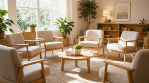 welcoming group therapy room with chairs in a circle representing a partial hospitalization program day treatment setting