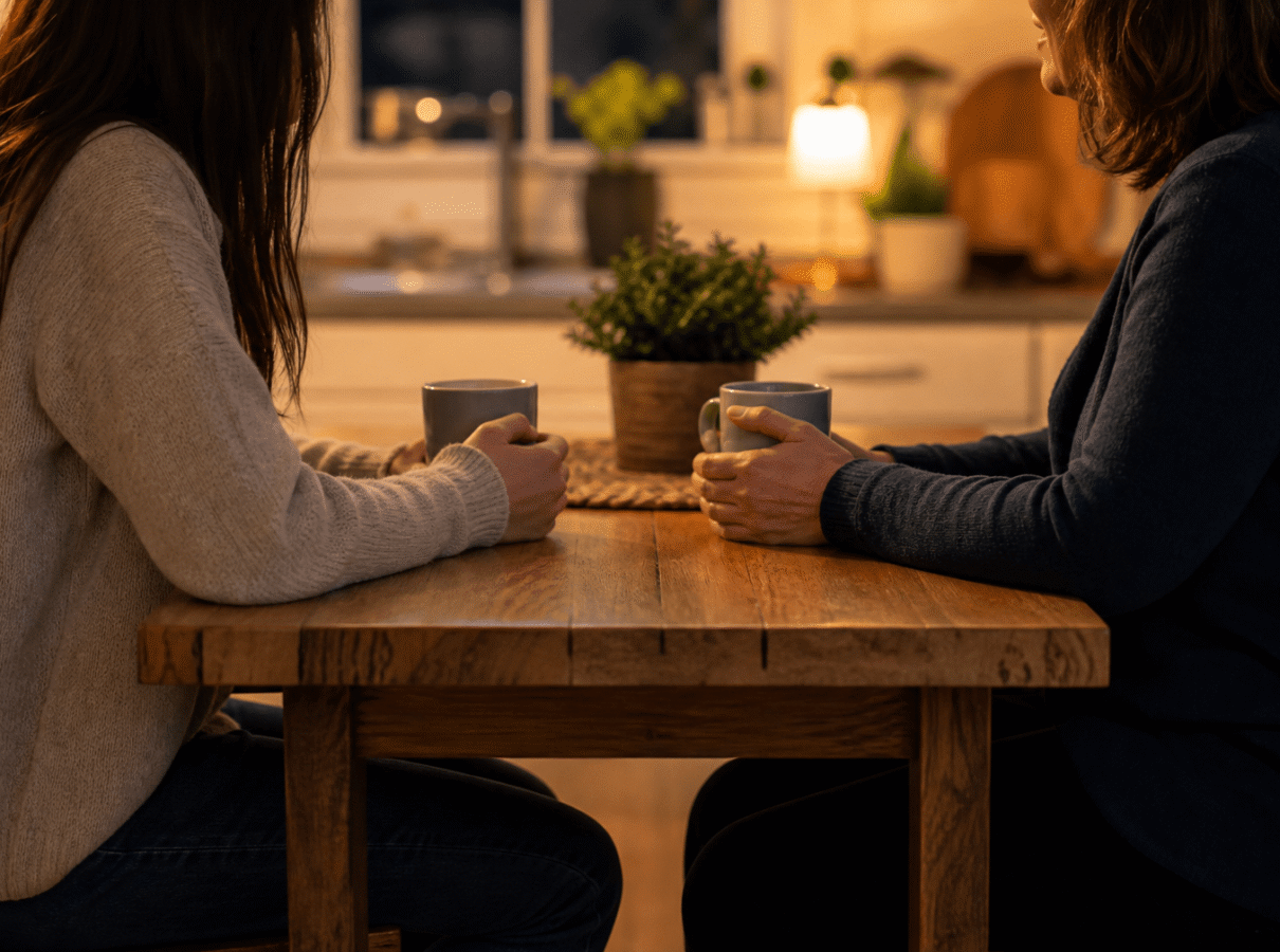 two people in a quiet conversation at a kitchen table — how to talk to a family member about getting mental health help