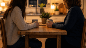 two people in a quiet conversation at a kitchen table — how to talk to a family member about getting mental health help