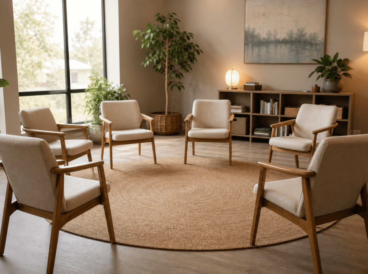 empty circle of chairs in a sunlit group therapy room — what to expect in your first week of intensive outpatient program