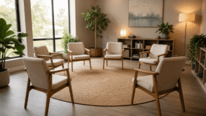 empty circle of chairs in a sunlit group therapy room — what to expect in your first week of intensive outpatient program