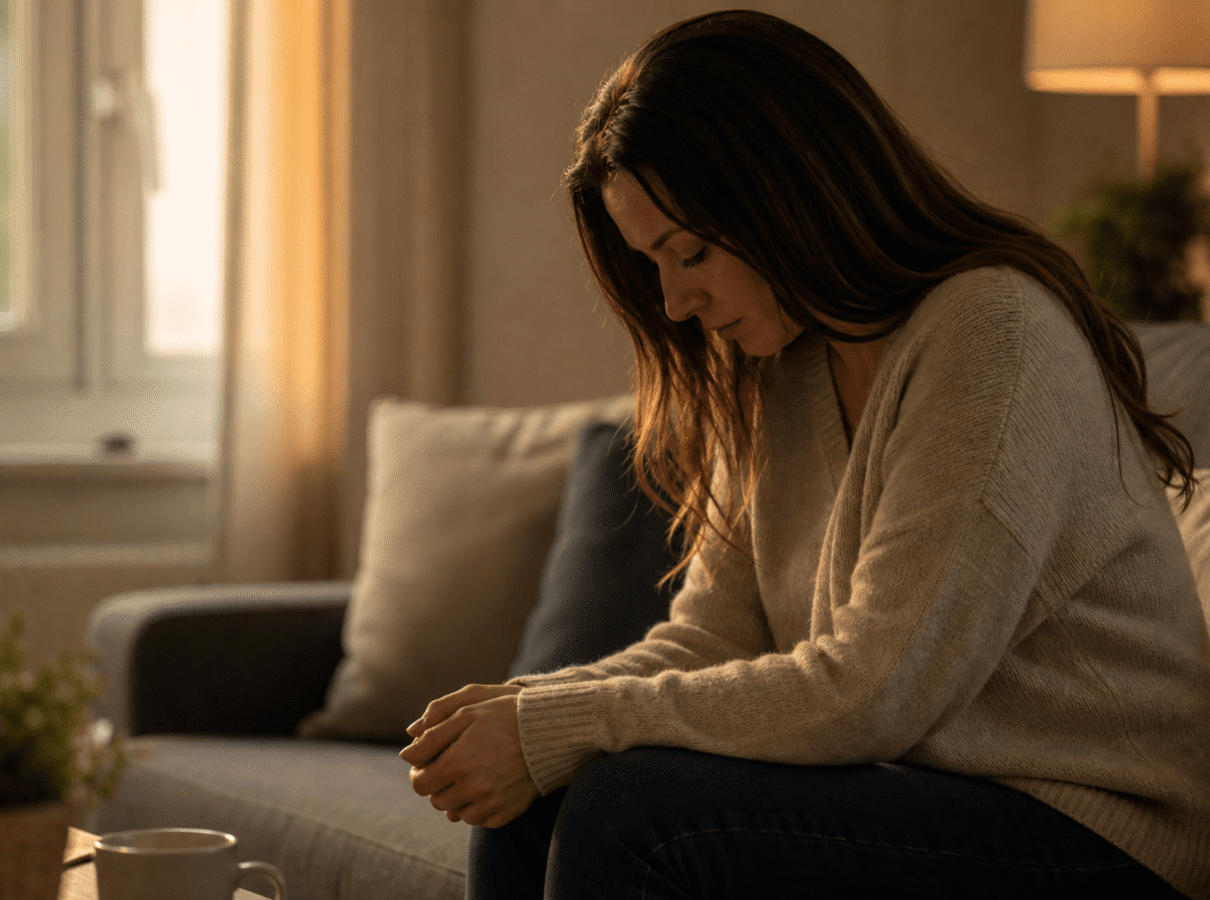 person sitting alone on a couch looking downward showing signs of depression and emotional weight