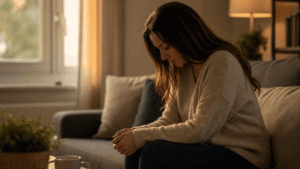 person sitting alone on a couch looking downward showing signs of depression and emotional weight