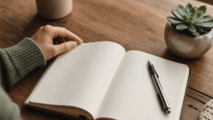 open journal and pen on a desk representing DBT dialectical behavior therapy skills practice and emotional regulation