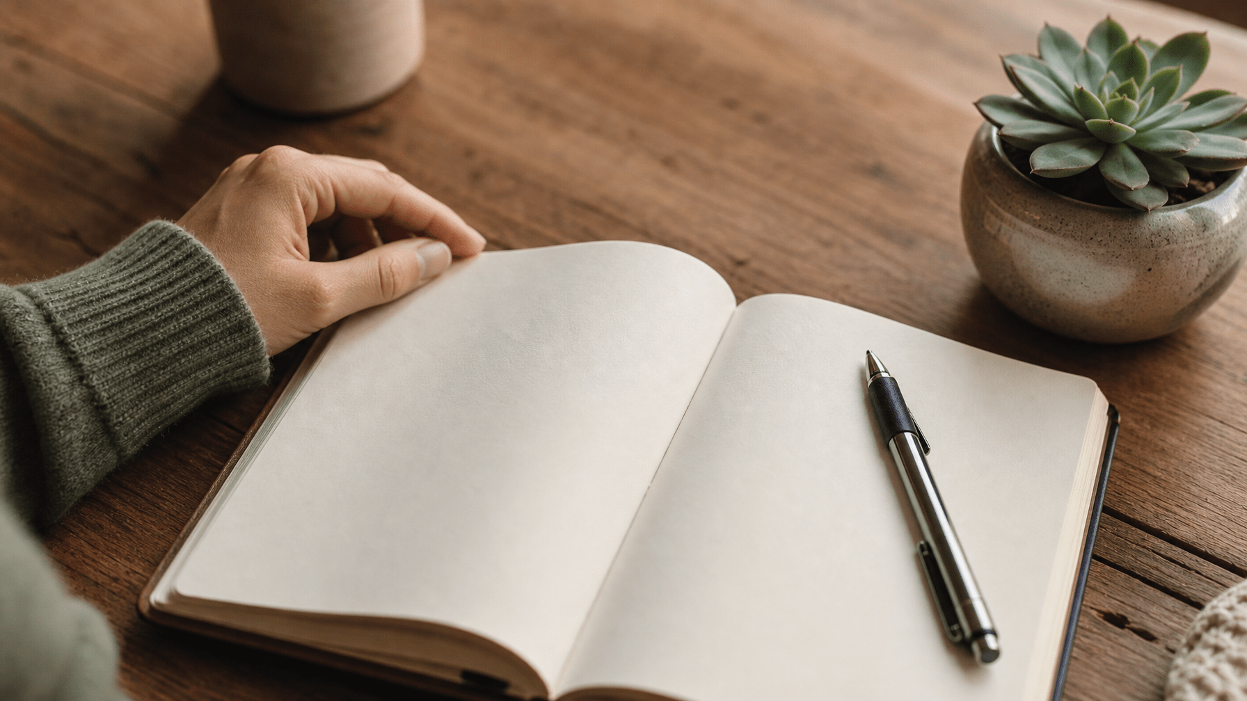 open journal and pen on a desk representing DBT dialectical behavior therapy skills practice and emotional regulation